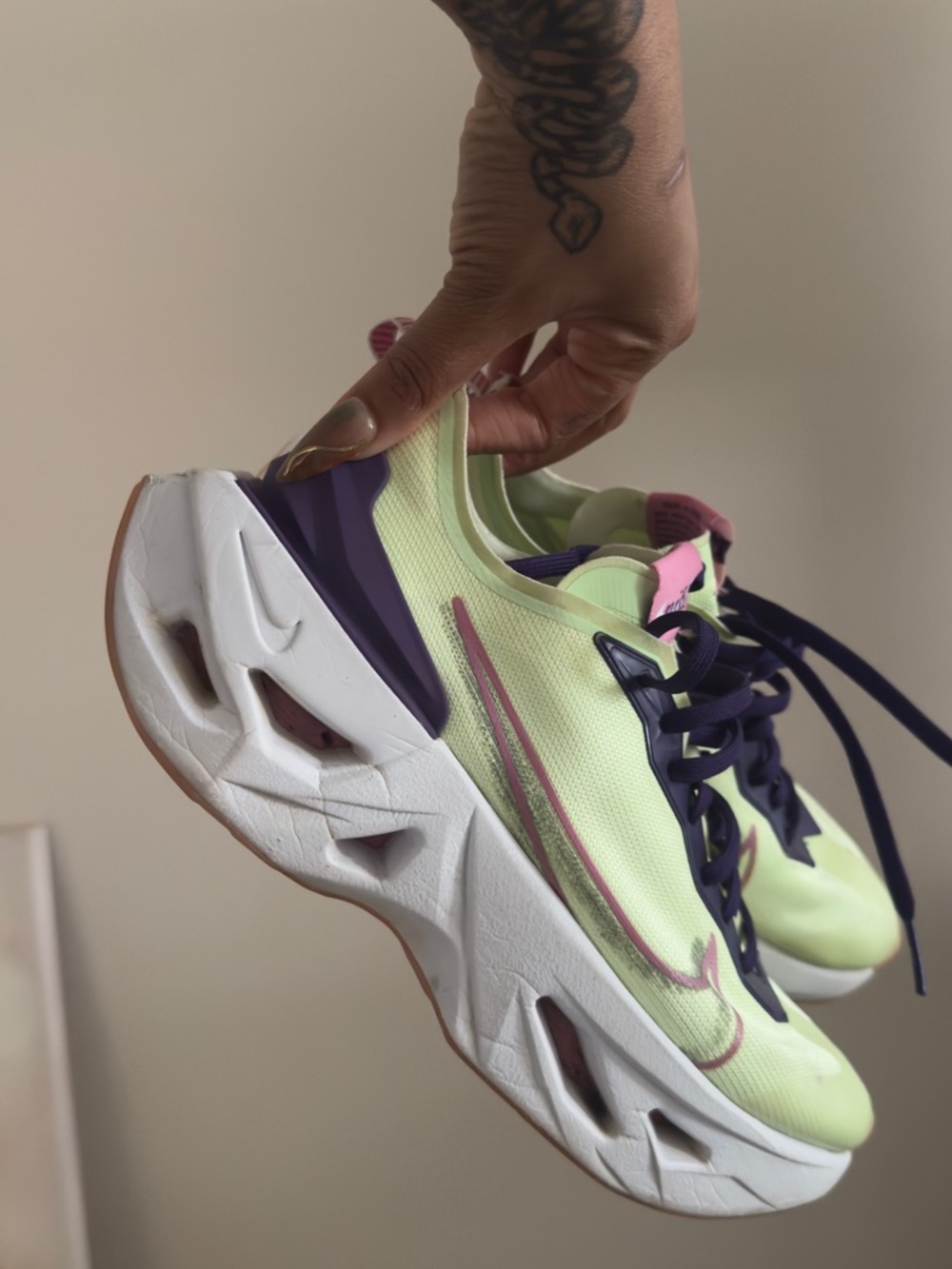 Nike Women's Neon Green and Purple Running Sneakers with Pink Trim